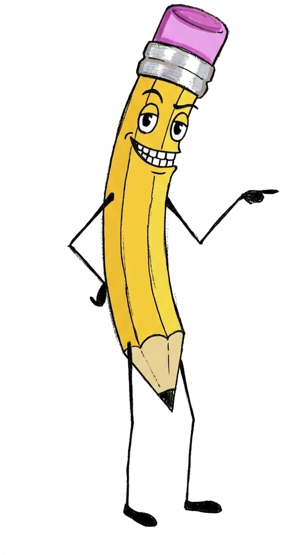 Mascotte Matita che indica la battuta